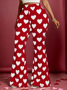 Maweii Plus Size Valentine's Day Heart Print Flare Pants - Red and White - View 4