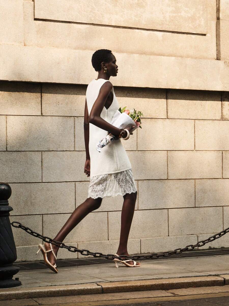 Lumivelle Sleeveless Round Neck Loose Lace Patchwork Sweater Dress Creme Dress Lace-Trimmed Hem - Beige - View 1