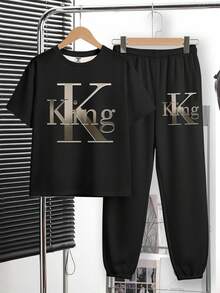 Tween Boy Casual Comfortable Fashion Minimalist Crew Neck Short Sleeve T-Shirt And Pants Set, Classic King Text Graphic Print,Kids - Multicolor - View 2