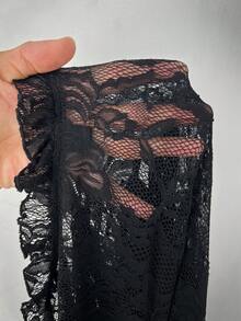 Whyspr Plus Size Solid Color Long Sleeve Hollow Lace Patchwork Tie-Up Slim Sexy Blouse