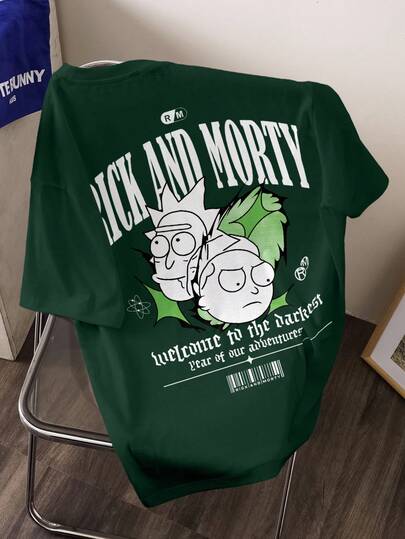 Rick and Morty X SHEIN تي شيرت رجالي بياقة مستديرة وأكمام قصيرة مطبوع عليه حروف وأشكال كرتونية