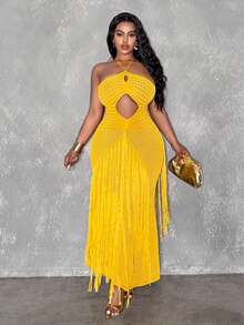 Veslaya 2026春夏新款大码女装，适合音乐节、复活节、西部风、游牧风、生日派对、毕业典礼、通勤、早午餐、机场、聚会、假日等场合——芥末黄针织露背露腰流苏紧身连衣裙 - 黃色 - 查看 6