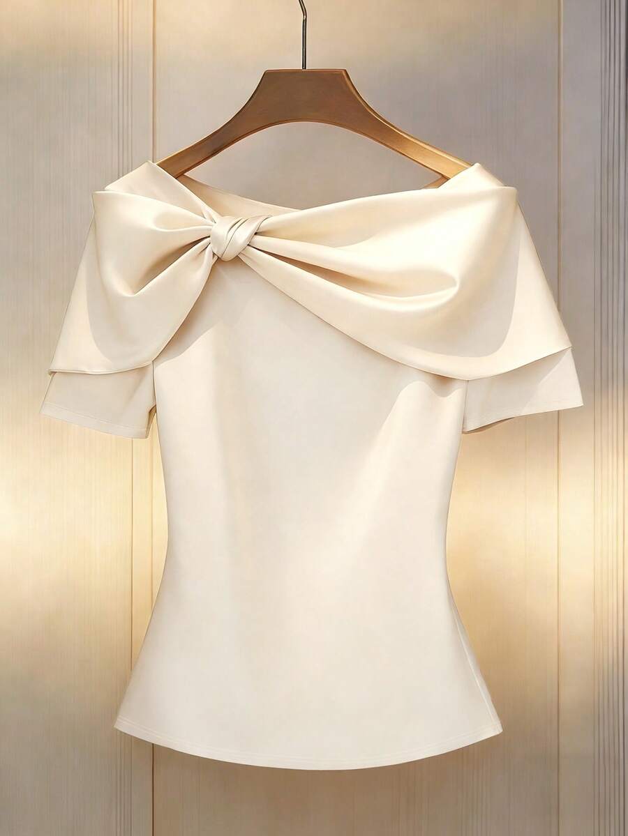 GlowEve Apricot Bowknot Twist Waist Fitted Knit T-Shirt - Apricot - View 1