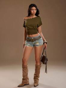 SHEIN TRNDY Quần short denim cạp thấp kẻ sọc rách rưới phong cách Y2K thường ngày. - Rửa trung bình - Xem 5