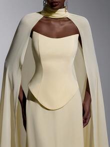 Elitara 优雅浪漫时尚的浅黄色雪纺无肩带A字连衣裙，领口饰有精美图案，适合优雅派对、婚礼宾客、正式晚宴、伴娘礼服等场合。 - 淡黃色 - 查看 8