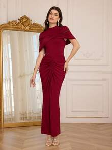 Modelyn Women's Luxury Burgundy Off-Shoulder Ruched Fitted Maxi Evening Dress - Burgundy - View 6
