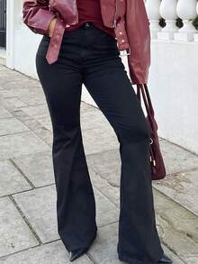 NegzBox 秋冬女士休闲喇叭牛仔裤，带口袋，保暖内衬，时尚外出冬季保暖羊毛衬里黑色牛仔喇叭裤 - 黑色 - 查看 6