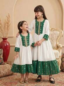 Sparklyn Sister Matching Long Sleeve Square Neck Flared A Line Polyester Dress For Tween Girls Geometric Arabian Style Vacation - Multicolor - View 6