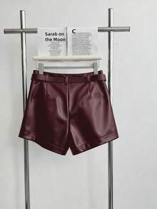 Airaco Women's Casual Commuter Solid Color PU Leather Pleated Waist Shorts - Burgundy - View 2