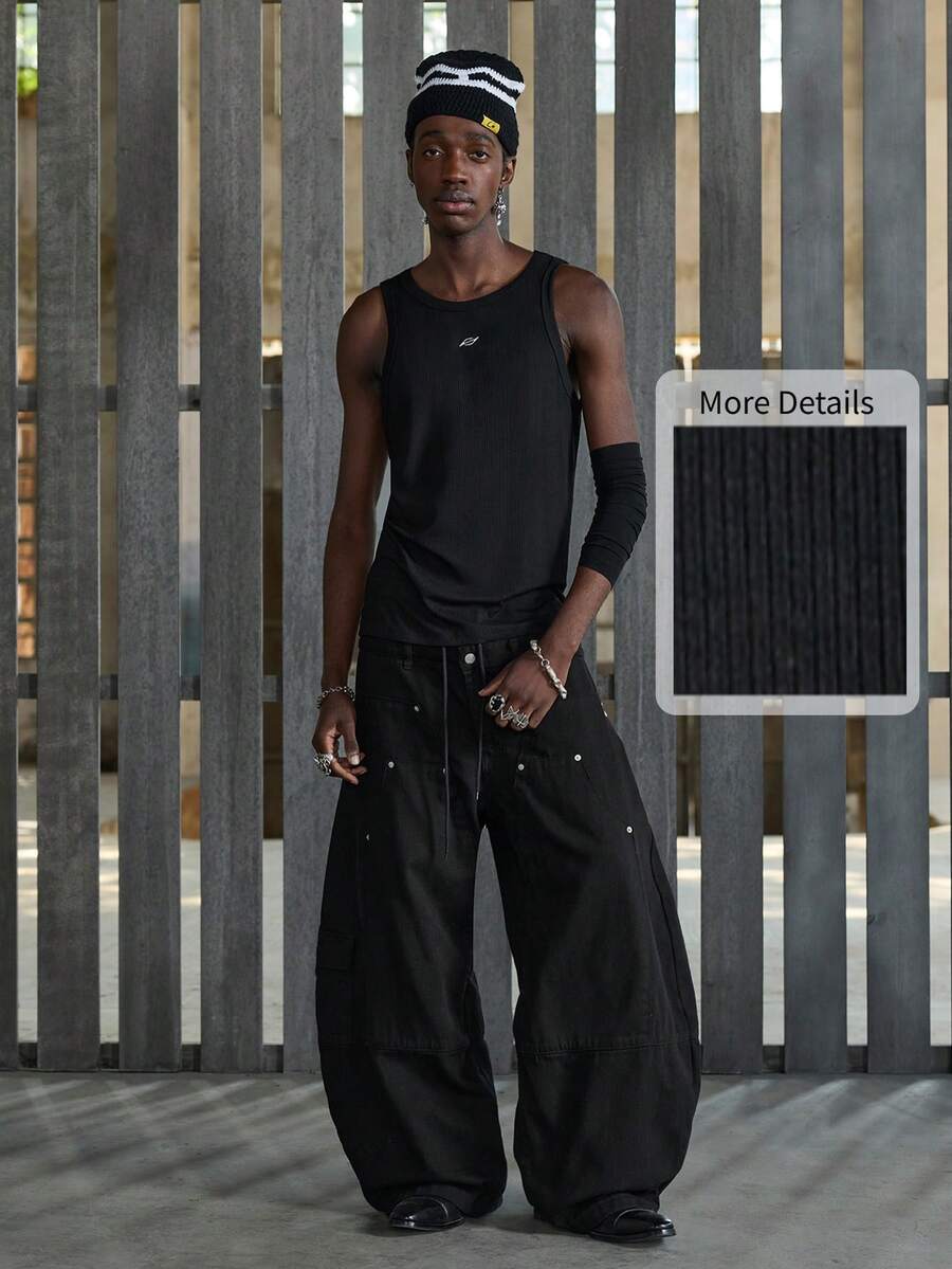 NEON BLANC 纯黑色罗纹背心，胸前刺绣Logo，运动健身无袖衫 - 黑色 - 查看 1