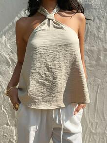 SHEIN EZwear Summer Khaki Woven Casual Halter Neck Blouse For Women - Apricot - View 3