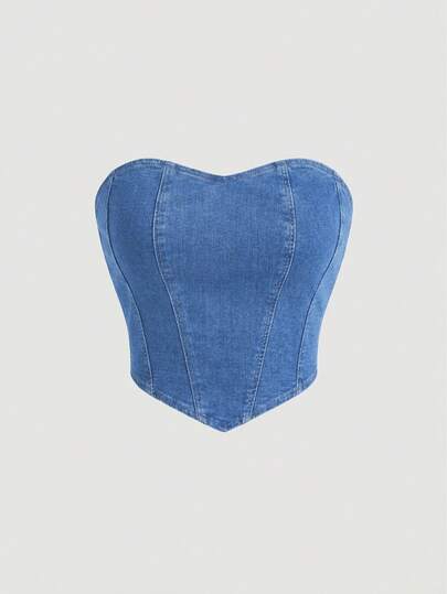 SHEIN MOD Women's Y2K Asymmetric Hem Fashionable Tube Top Denim Blouse