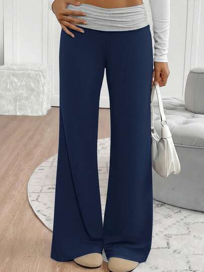 Tween Girls' Casual Contrast Foldover Waist Wide Leg Sweatpants, Spring/Summer Back To School Season