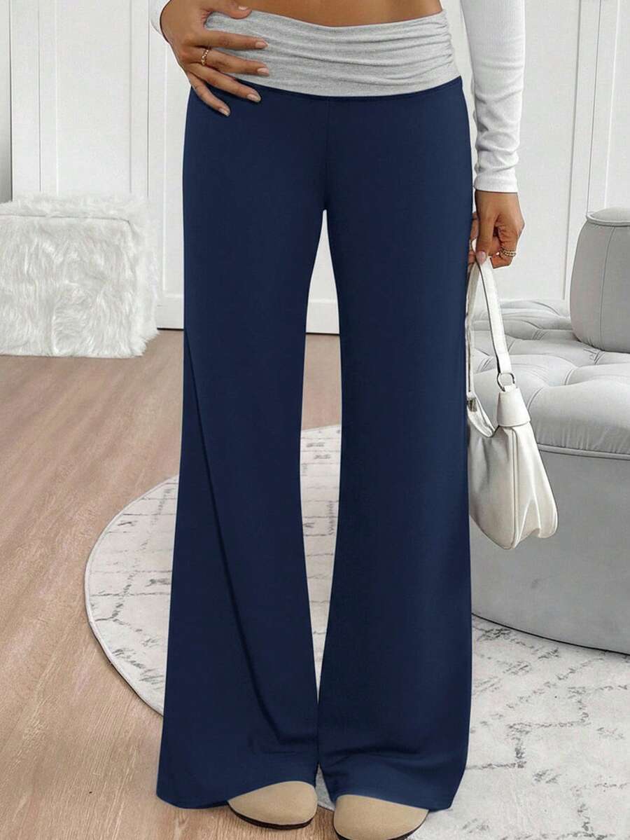 Tween Girls' Casual Contrast Foldover Waist Wide Leg Sweatpants, Spring/Summer Back To School Season - Navy Blue - View 1