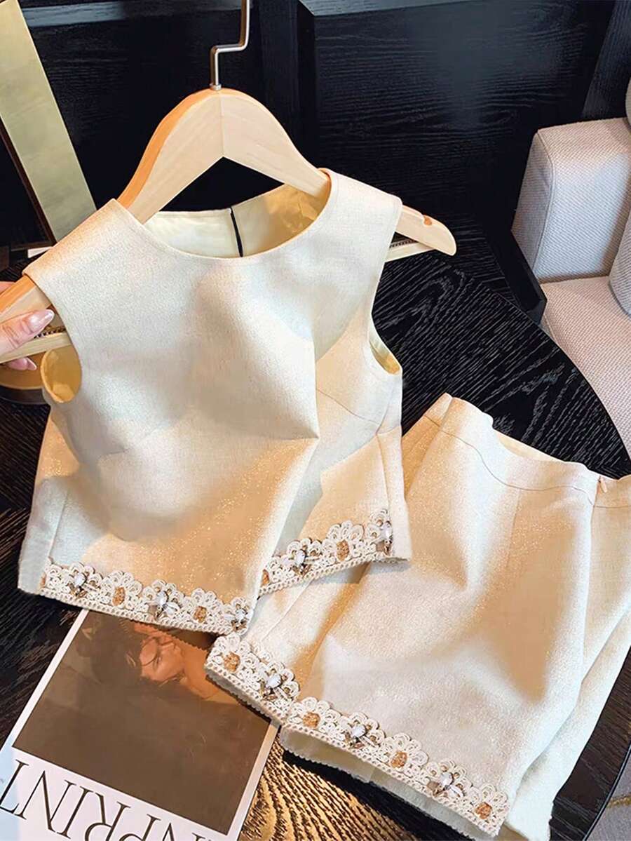 GlowEve Women's Summer New French Style Beaded Lace Embroidery Elegant Sleeveless Top And Skirt 2-Piece Set - Apricot - View 1