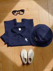 SHEIN 2件套新生儿男女宝宝舒适休闲学院风马匹印花黑色短袖Polo衫连体衣和遮阳帽套装，适合室内、室外、日常、运动、玩耍、派对、拍照、度假、春夏穿着。 - 藏蓝色 - 查看 6