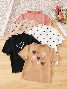 SHEIN Young Girl' Heart Print Short Sleeve T-Shirt - Multicolor - View 3