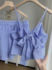 Comfortcana Plus Size Women Plaid Ruffle Hem Camisole And Shorts Casual 2 Pieces Set Two Piece Short Sets Gingham Set, Summer Outfits - Blue - View 4