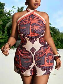 Veslaya 2026 早春大码女式休闲度假复古撞色印花交叉露背连体衣 - 彩色 - 查看 2