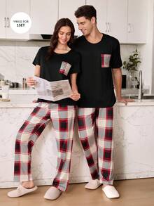 SHEIN 男士格子印花口袋短袖睡衣套装 - 黑色 - 查看 5