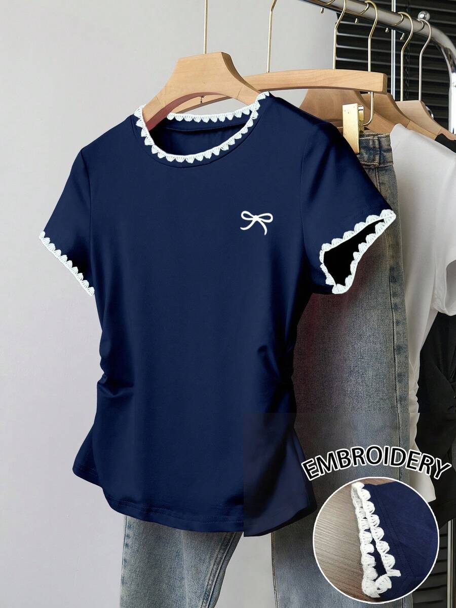 Tween Girls Navy Sweet Shell Embroidery Bowknot Waist Short Sleeve T-Shirt, Casual Versatile Tops - Navy Blue - View 1