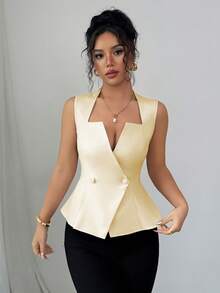 Elenzga 女士新款优雅荷叶边领A字无袖衬衫，适合通勤、度假、约会、外出、花园、家庭聚会、劳动节、节假日、独立日、返校季、教师节、万圣节、感恩节等场合。 - 黃色 - 查看 4