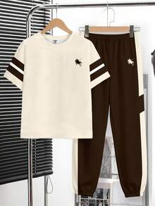 男童新款休闲简约复古学院风马标T恤和裤子套装，经典撞色运动风舒适时尚简约圆领短袖T恤和裤子 - 彩色 - 查看 2