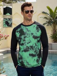 Zalmeno Men's Tie-Dye Print Raglan Long Sleeve Rash Guard Swimwear Top - Black - View 3