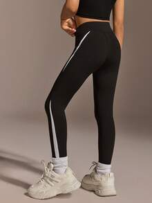 SHEIN Young Girls'Yoga Skinny Pants With White Sequence For Summer Gym,Black High Elasticity Freely Stretch Fashionable Versatile Running,Cycling,Hiking - Black - View 3
