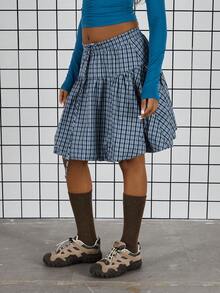 COUREZ Bubble Hem Check Midi Skirt /Y2K Spring Clothes For Women Cute Going Out Skirts Party Outfit 2 Piece Sets Back To School Outfits Date Night Valentines Day - Blue - View 5