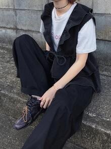 FRIFUL Women's Waist Tie Patchwork Ruffle Hem Denim Vest Jacket - Grey - View 4