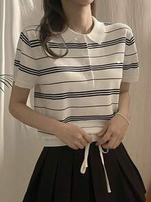 DAZY Women's Collared Fitted Striped Knit Top - White - View 2