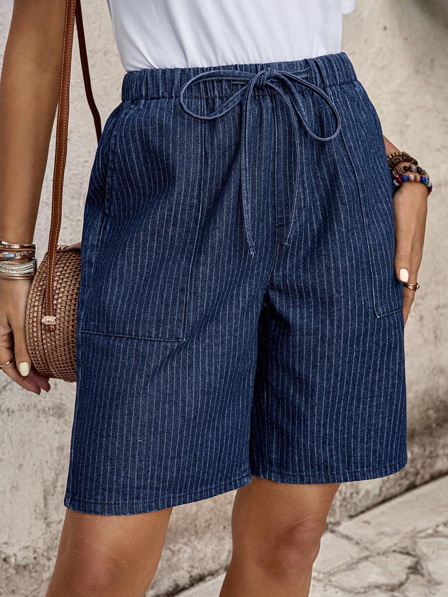 EMERY ROSE Mature Denim Quần short denim kẻ sọc, cạp chun, có túi, kiểu dáng thường ngày. - Màu xanh lam - Xem 1