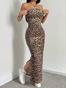 SHEIN EZwear Leopard Print Side Slit Velvet Bodycon Tube Dress - Multicolor - View 3