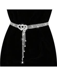 Ellevyn 新款女士水钻镶嵌链条腰带，时尚火辣女孩银色腰链配饰，适合夏季、秋季、万圣节 - 銀色款雙桃心 - 查看 10