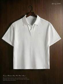 TOKVUE 男士纯色翻领修身休闲日常短袖Polo衫 - 米色 - 查看 1