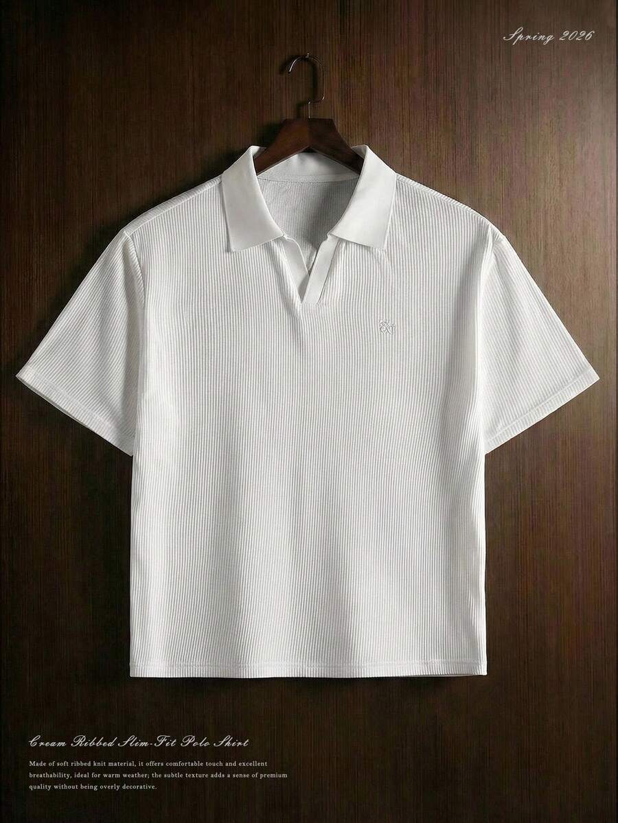 TOKVUE 男士纯色翻领修身休闲日常短袖Polo衫 - 米色 - 查看 1