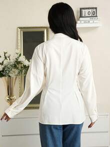 Modelyn Áo sơ mi dài tay nữ màu trơn xếp ly, kiểu dáng thường ngày, đa năng. - Màu be - Xem 6