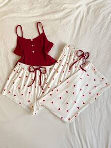SHEIN 3pcs Women Camisole, Shorts & Pants Pajama Set, Heart Print Sleepwear - Multicolor - View 5
