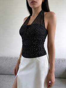 Franclia 2026 New Arrival Women's Halter Mesh Top - Black & White Polka Dot Ruffled Design, Summer Minimalist Blouse For Casual & Office Wear - Black and White - View 5