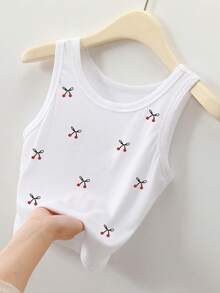 Resyla Camiseta de tirantes para mujer con cuello redondo y patrón bordado de lazo - Blanco - Ver 3