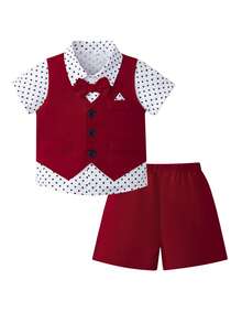 Baby Boy Multicolor Fabric Double Button Vest Shorts Set With Dotted Short Sleeve Shirt And Bow Tie Polka Dot Pattern - Multicolor - View 5