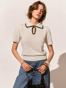 Poéselle New Spring/Autumn Korean Style Commuting Chic Butterfly Metal Buckle Women Knit Top - Black and White - View 6