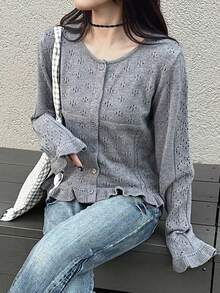 FRIFUL 女士纯色镂空荷叶边修身休闲开衫 - 灰色 - 查看 6