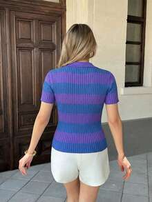 Pariaura Contrast Stripe Polo Collar Knit Top, French Street Style, Short Sleeve Summer Blouse - Violet Purple - View 2