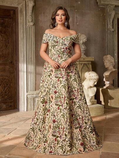 Aureia Plus Size Elegant Romantic Luxurious Colorful Jacquard Off-Shoulder Fitted A-Line Hem Dress, Suitable For Evening Party, Date, Ball, Vacation, Wedding Events