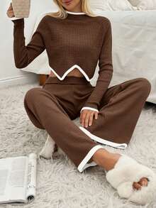 Women Rib Knit Asymmetrical Hem Sweater & Sweater Pants Set - Brown - View 4