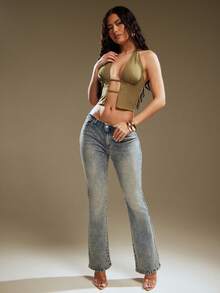 Denimoi Women's Backless Halter Neck Slim Fit Sexy Crop Top - Yellow - View 2