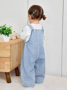 SHEIN Baby Mädchen 3D Schleife Dekor Blaue Jeans Locker Jumpsuit Hose - Helle Waschung - Übersicht 3