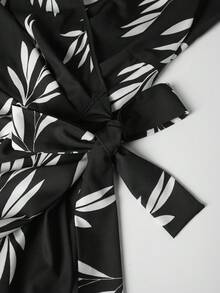 Rometta Plus Size Elegant Leaf Print Waist Cinched Dress, Summer Black And White Leaf Print Dress Black And White Floral Dress Vintage Style Dress Black And White Dress Women - Black - View 5